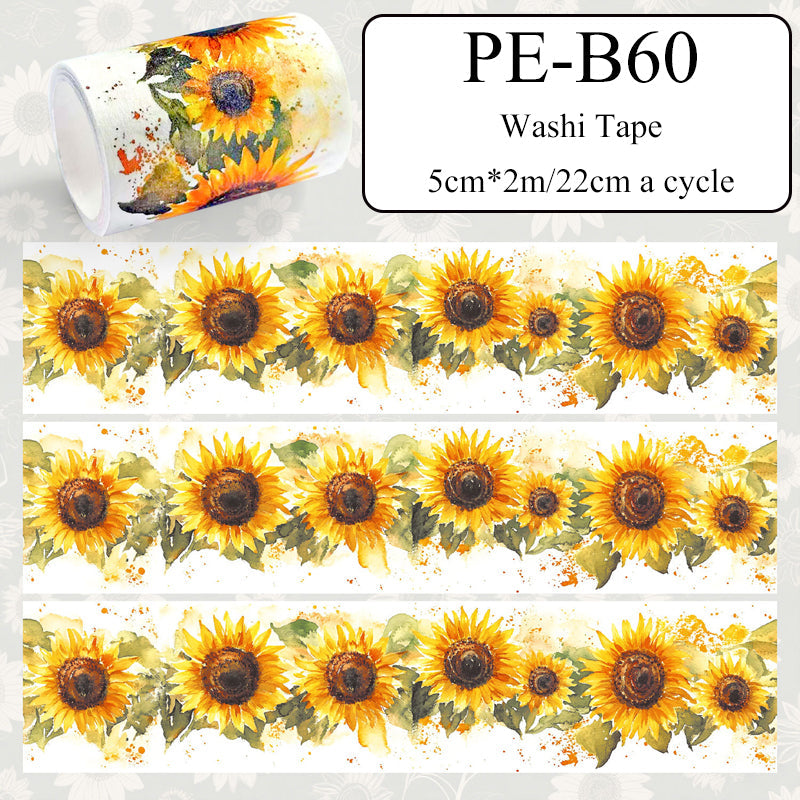Sunflower Washi Tape featuring flower, and sun designs for journaling, scrapbooking and collage