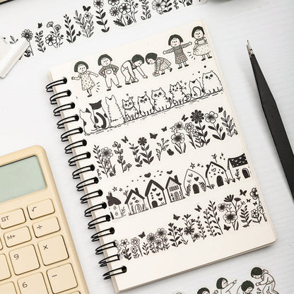 Black White Little Life Series Washi Tape featuring white, and black designs for journaling, scrapbooking and collage