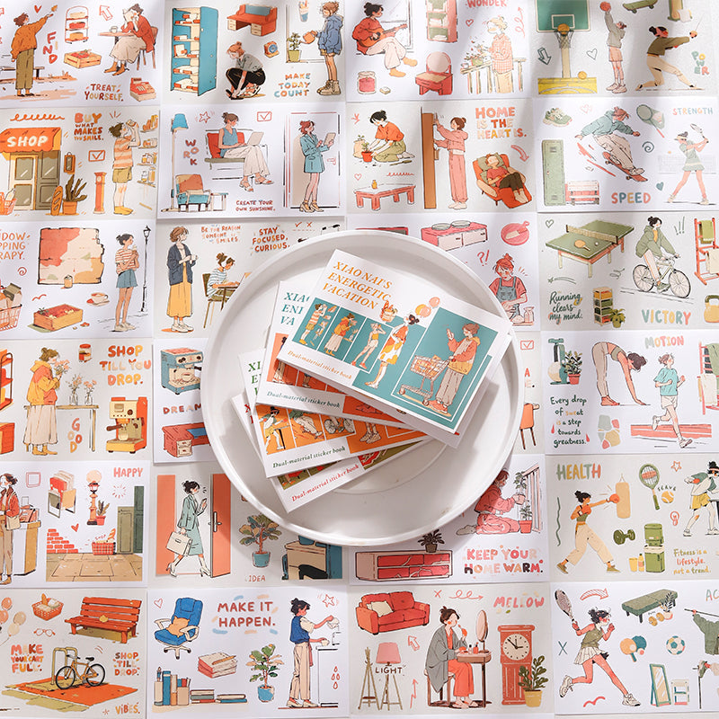 Energizing Vacation Series Sticker Book featuring cat, and book designs for journaling, scrapbooking and collage