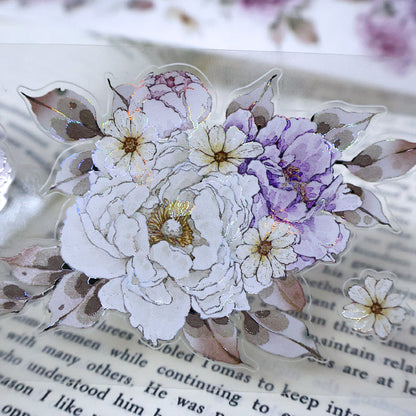 5.6cm*100cm Purple peony flower Die Cutting Washi/PET/Shell Light PET Tape featuring flower, and light designs for journaling, scrapbooking and collage