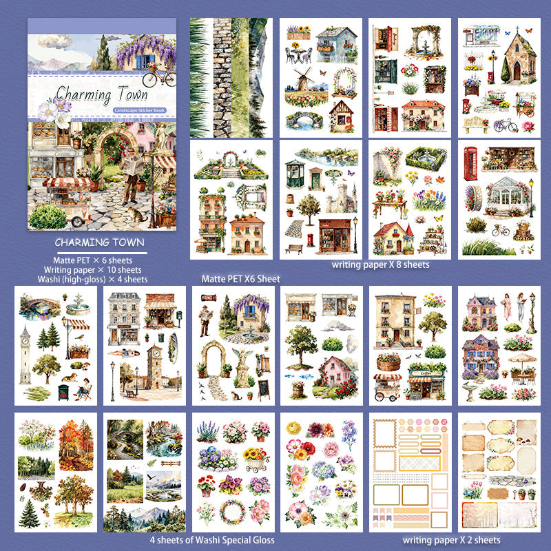Charming Town Sticker Book featuring book designs for journaling, scrapbooking and collage