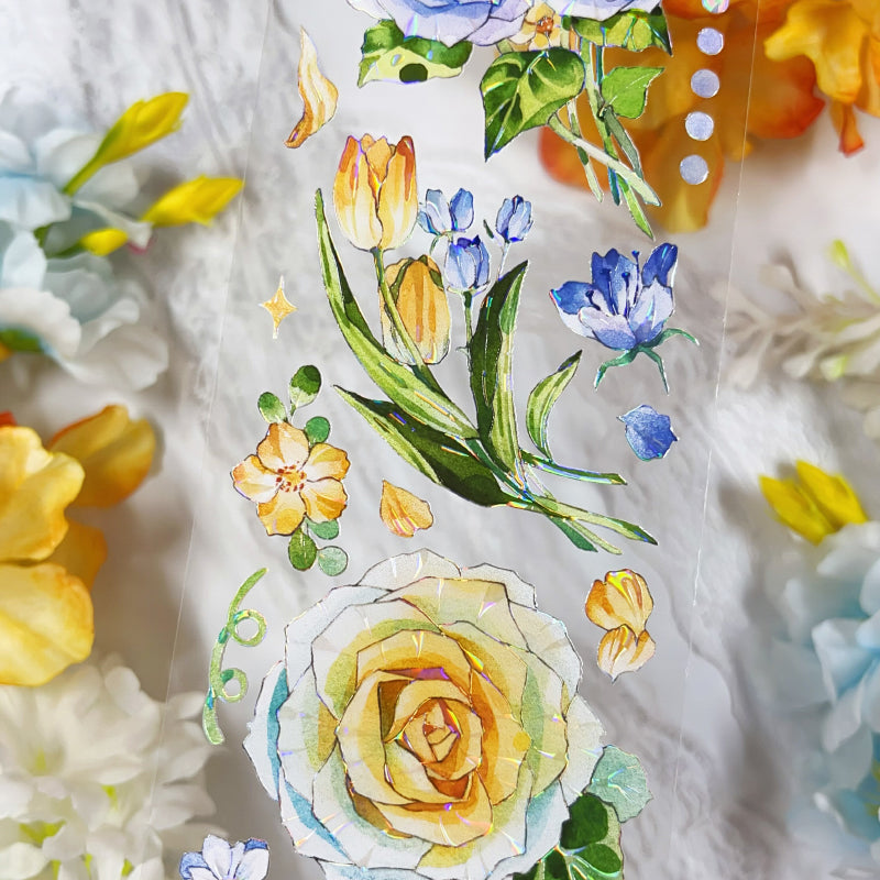 6cm*100cm Yellow and blue small flower Shell Light PET Tape featuring blue, flower, and light designs for journaling, scrapbooking and collage