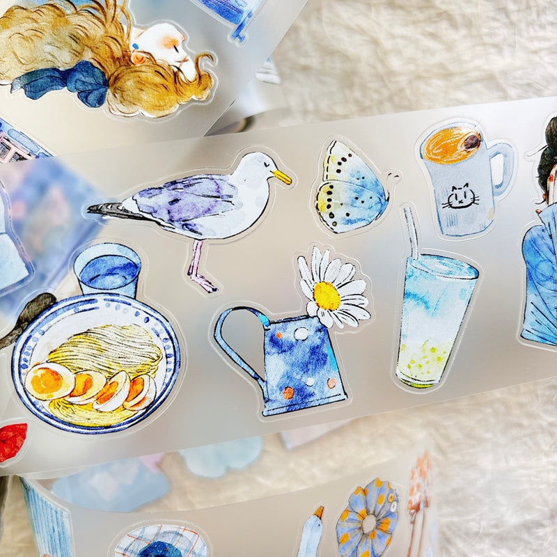 6cm*166cm Blue Atmosphere Die Cutting Washi/PET/Fog PET Tape featuring blue designs for journaling, scrapbooking and collage