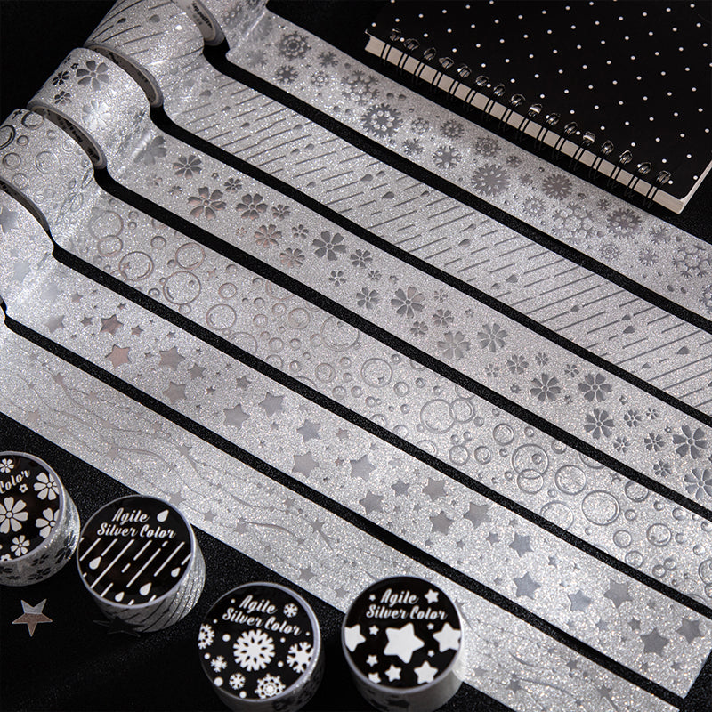 Lively Silver Color Series Special Paper Tape featuring silver, and color designs for journaling, scrapbooking and collage