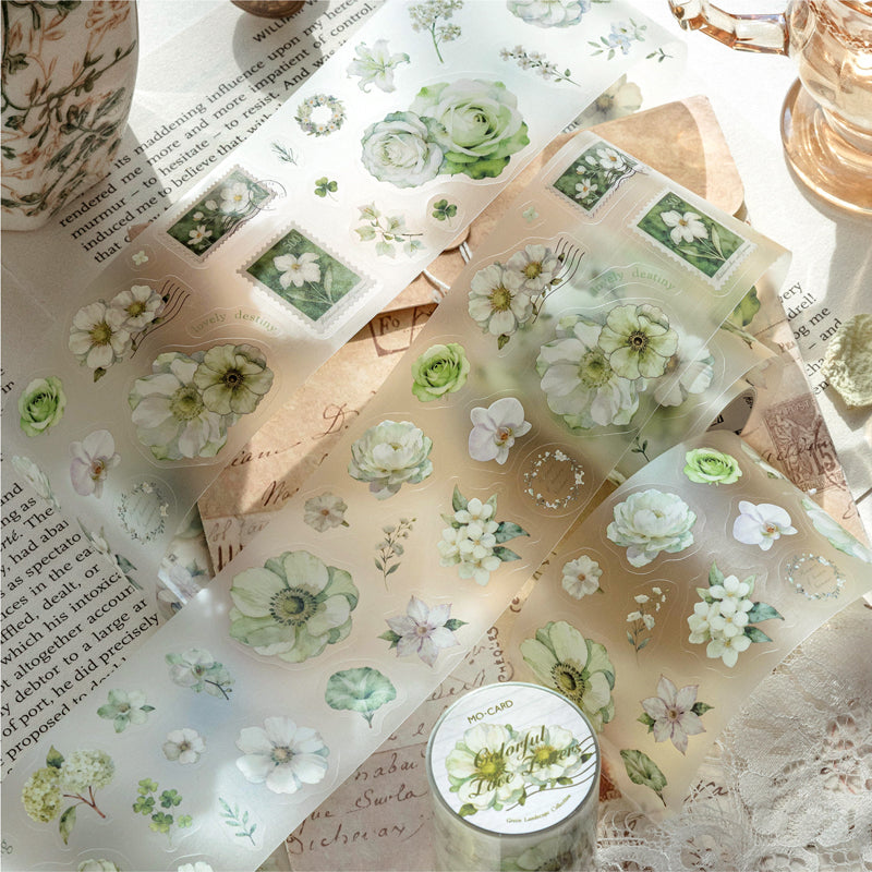Green Vision Collection Series Die Cutting Fog PET Tape featuring green designs for journaling, scrapbooking and collage