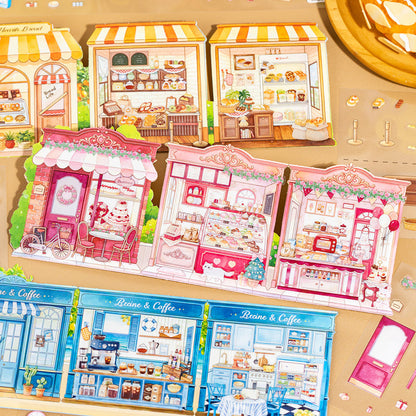 Miniature Street Scene Series 3D Sticker Book featuring book, street, and tree designs for journaling, scrapbooking and collage