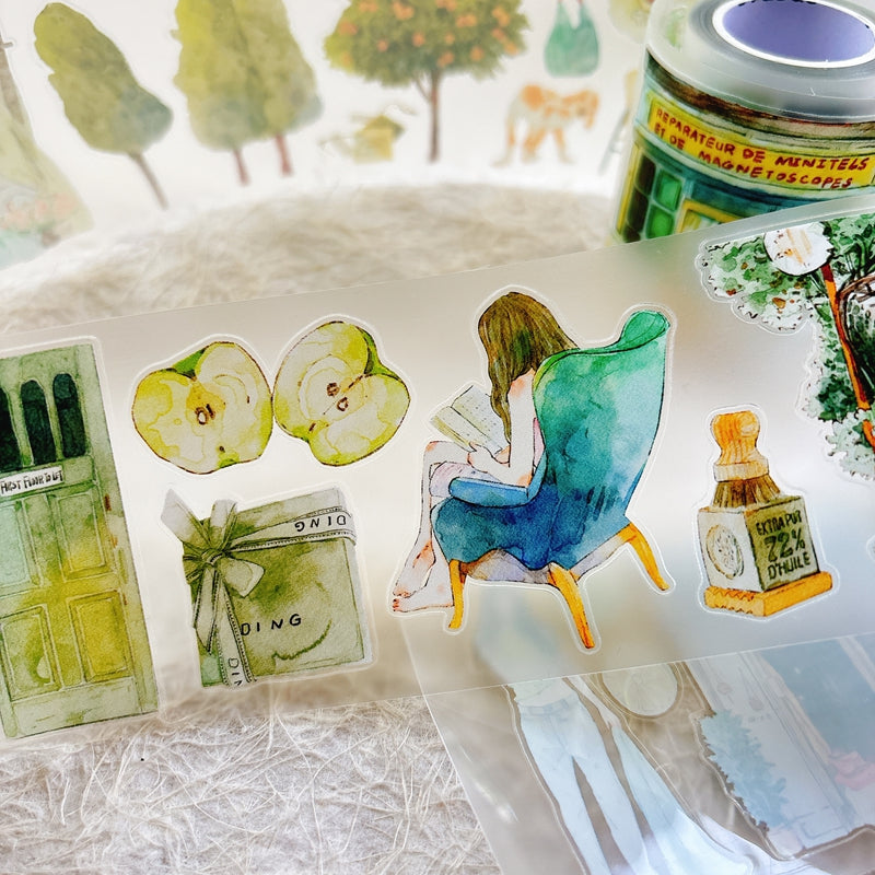 Whole Roll 6cm*5m Greenness Die Cutting Washi/PET/Fog PET Tape featuring green designs for journaling, scrapbooking and collage
