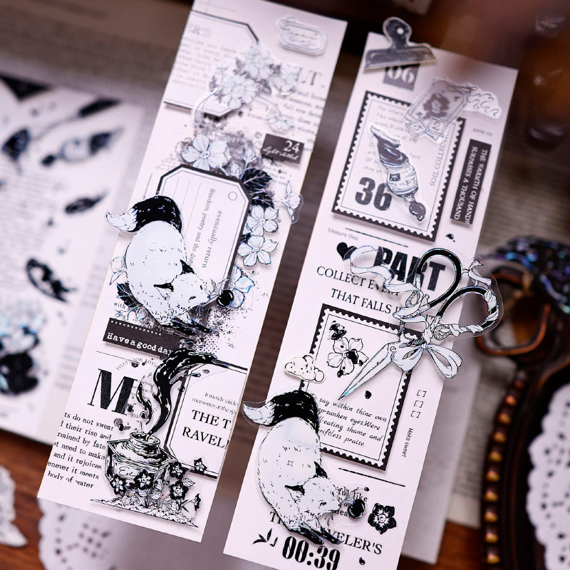 6.5cm*125cm Black and white paintings world Die Cutting Washi/PET/Shell Silver PET Tape featuring white, black, and silver designs for journaling, scrapbooking and collage