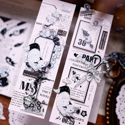 6.5cm*125cm Black and white paintings world Die Cutting Washi/PET/Shell Silver PET Tape featuring white, black, and silver designs for journaling, scrapbooking and collage