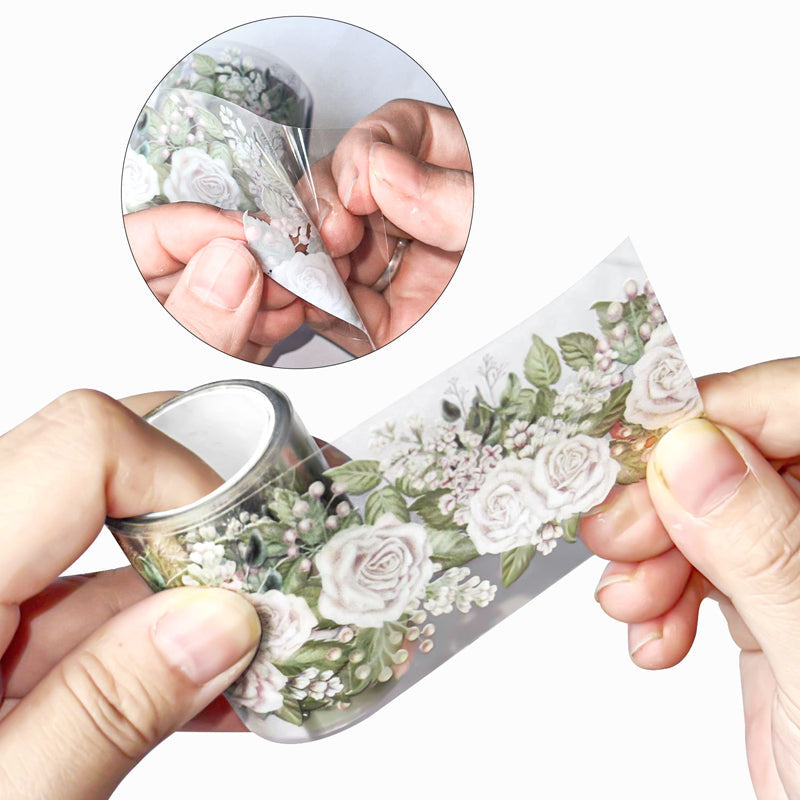 Elegant White Rose PET Tape featuring rose, and white designs for journaling, scrapbooking and collage