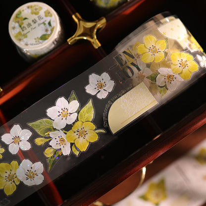 5.5cm*150cm Creamy Peach Blossoms Die Cutting Washi/PET/Shell Light PET Tape featuring cream, peach, and light designs for journaling, scrapbooking and collage