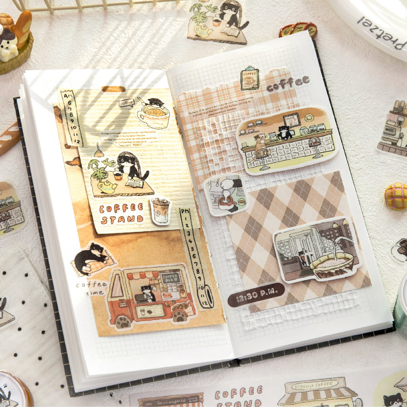 Cat Coffee Shop Series Die Cutting Washi Tape featuring cat, and shop designs for journaling, scrapbooking and collage