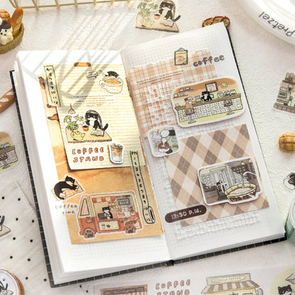 Cat Coffee Shop Series Die Cutting Washi Tape featuring cat, and shop designs for journaling, scrapbooking and collage