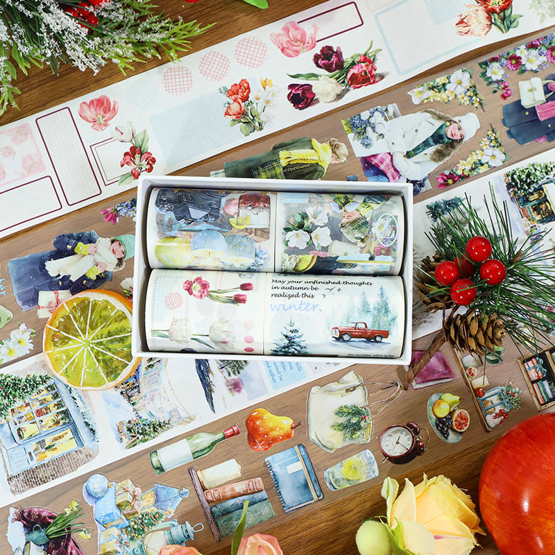 Under the wind and snow Die Cutting Washi/Fog PET Tape featuring snow, and wind designs for journaling, scrapbooking and collage