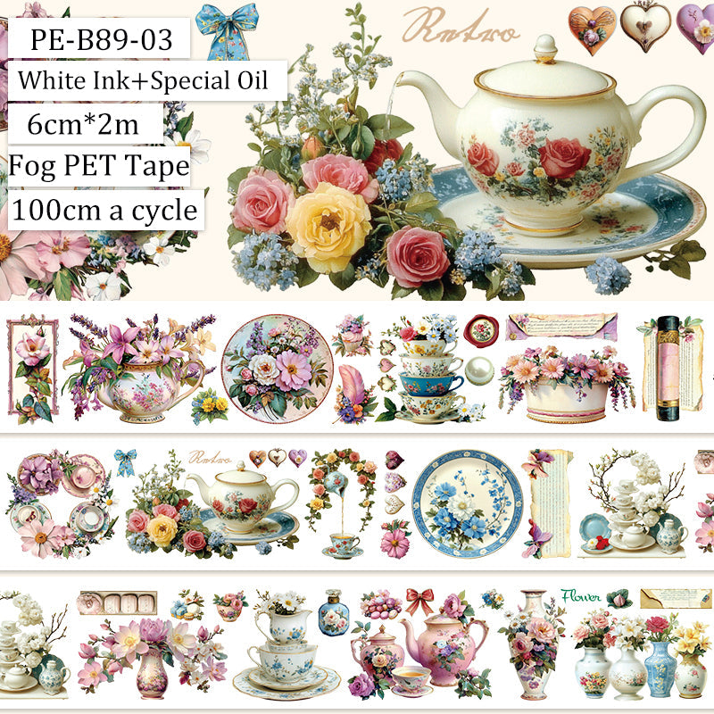Retro flower porcelain Fog PET Tape featuring retro, and flower designs for journaling, scrapbooking and collage