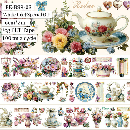 Retro flower porcelain Fog PET Tape featuring retro, and flower designs for journaling, scrapbooking and collage