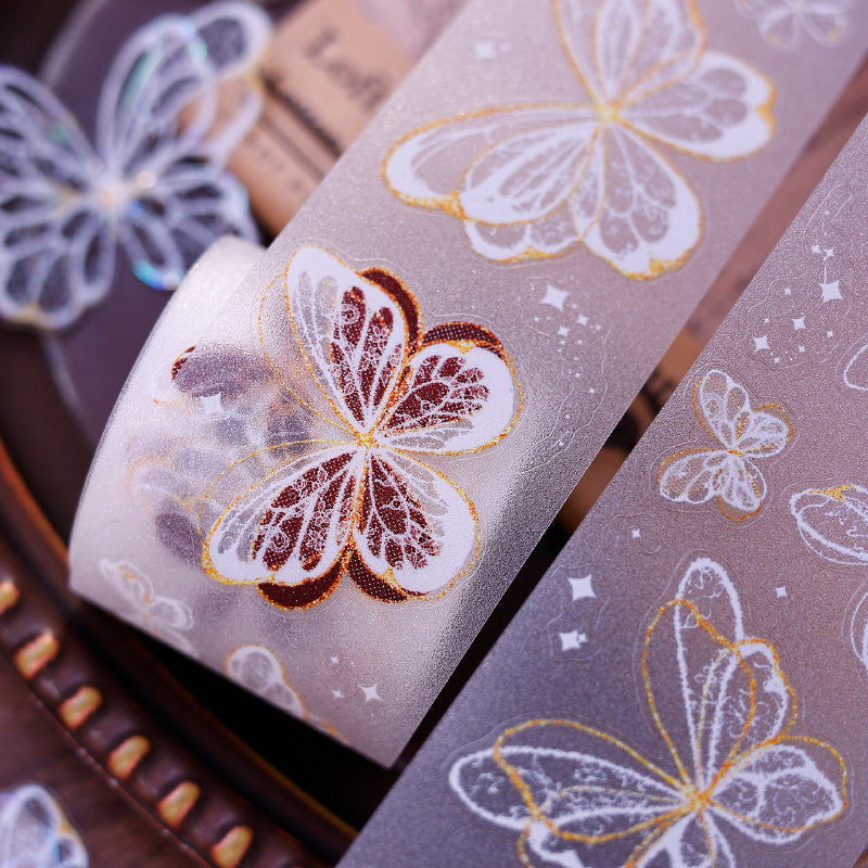 Whole Roll 4.5cm*6m Butterfly wings Die Cutting Flash PET/Shell Light/Gold/Silver Tape featuring butterfly, old, and gold designs for journaling, scrapbooking and collage