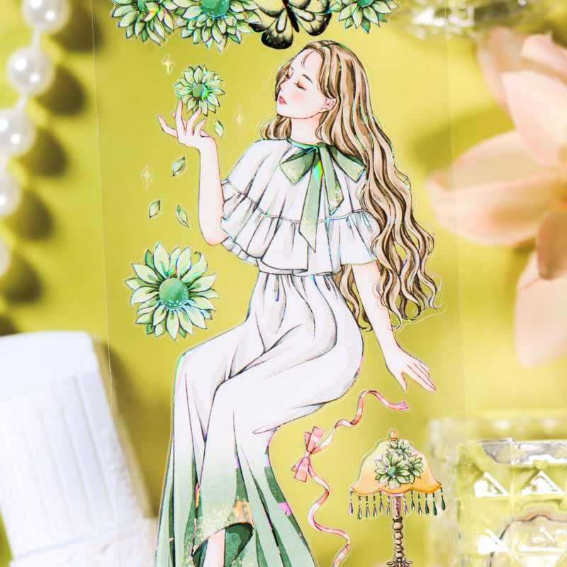 6cm*100cm Green atmosphere Shell Light PET Tape featuring green, and light designs for journaling, scrapbooking and collage