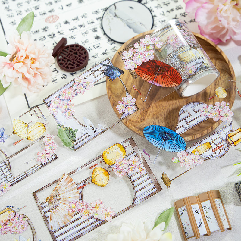 Spring Peach Die Cutting Washi/Shell Silver PET Tape featuring spring, silver, and peach designs for journaling, scrapbooking and collage