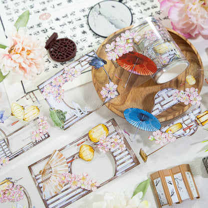 Spring Peach Die Cutting Washi/Shell Silver PET Tape featuring spring, silver, and peach designs for journaling, scrapbooking and collage
