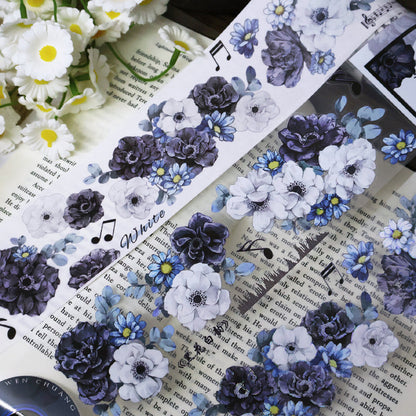 5.5cm*100cm White charm Black flowers Die Cutting Washi/PET/Shell Silver PET Tape featuring white, black, and silver designs for journaling, scrapbooking and collage