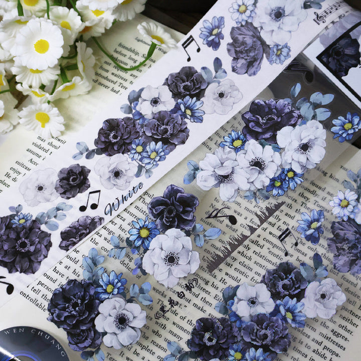5.5cm*100cm White charm Black flowers Die Cutting Washi/PET/Shell Silver PET Tape featuring white, black, and silver designs for journaling, scrapbooking and collage
