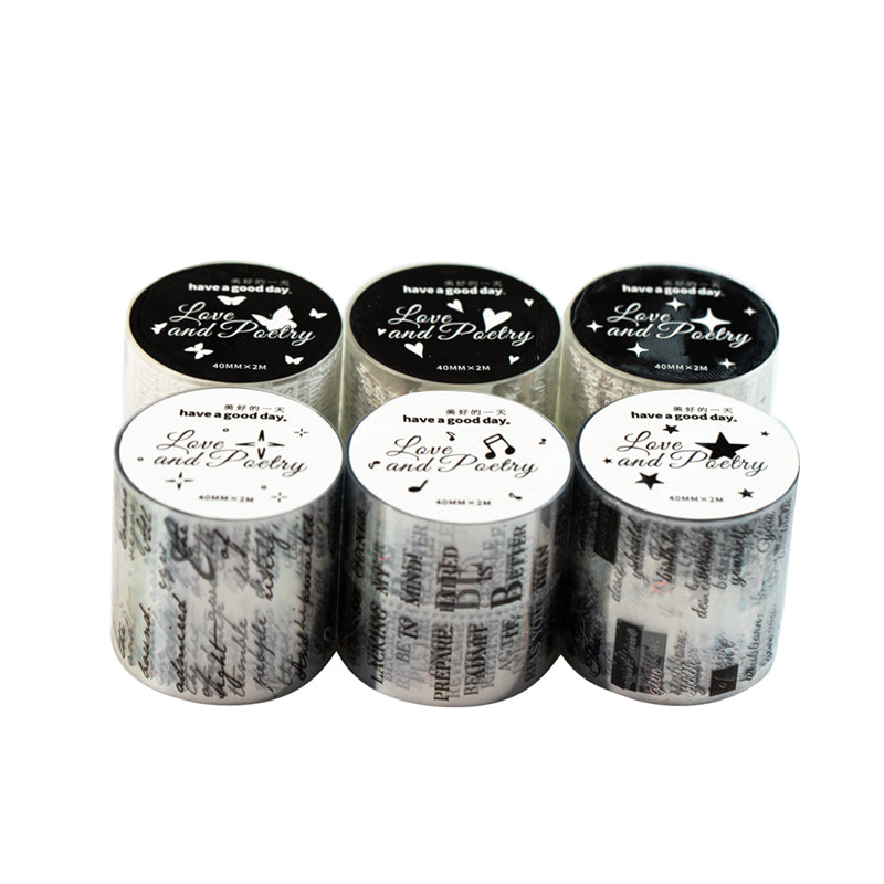 Love and Poetry Series Silver Stamping PET Tape featuring silver designs for journaling, scrapbooking and collage
