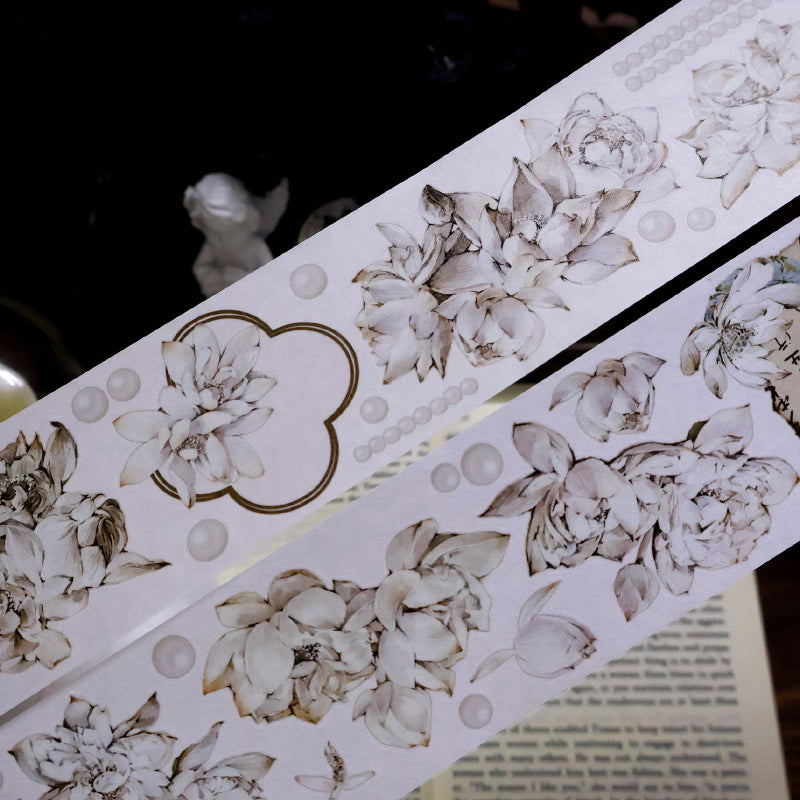 5.5cm*100cm White lotus flower Die Cutting Washi/PET/Shell Silver PET Tape featuring white, silver, and flower designs for journaling, scrapbooking and collage