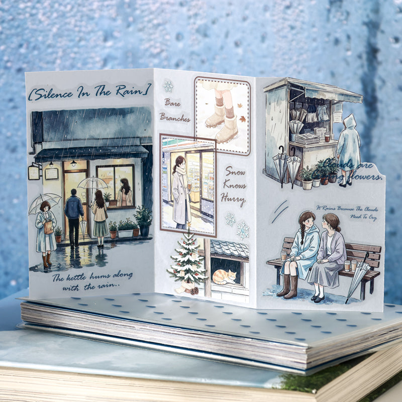 Listen To Rain Snow Series Sticker Book featuring book, rain, and snow designs for journaling, scrapbooking and collage