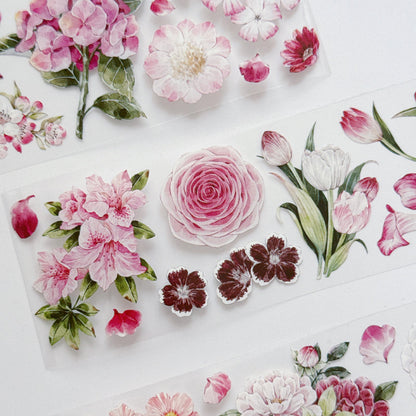 5.5cm*100cm Pink Flower Collection Washi/PET Tape featuring pink, and flower designs for journaling, scrapbooking and collage