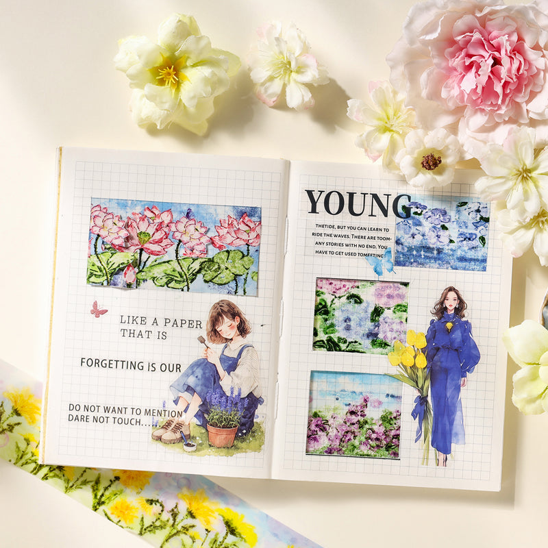 Flower Field Series PET Tape Set featuring flower designs for journaling, scrapbooking and collage