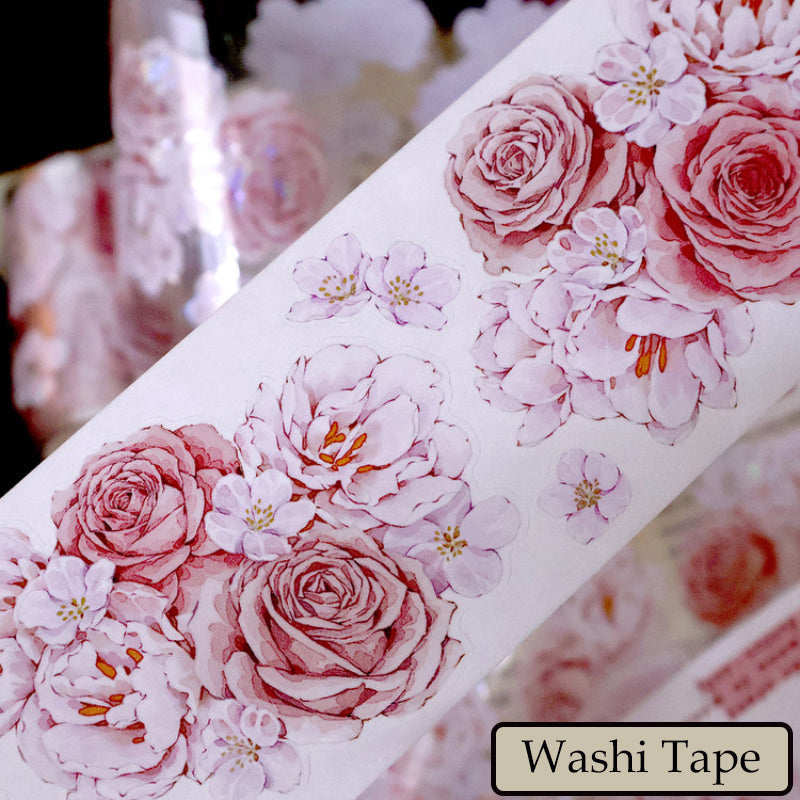 Whole Roll 5.6cm*5m Sweet rose Die Cutting Washi/PET/Shell Silver PET Tape