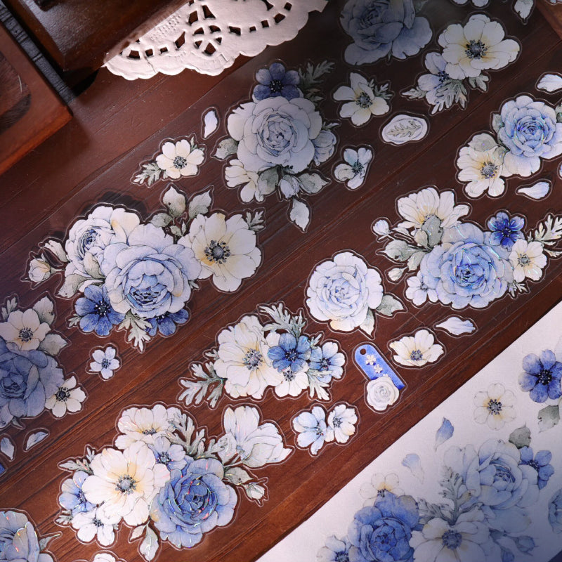 Whole Roll 5.5cm*5m Sweet Blue Flower Die Cutting Washi/PET/Shell Light PET Tape featuring sweet, blue, and flower designs for journaling, scrapbooking and collage