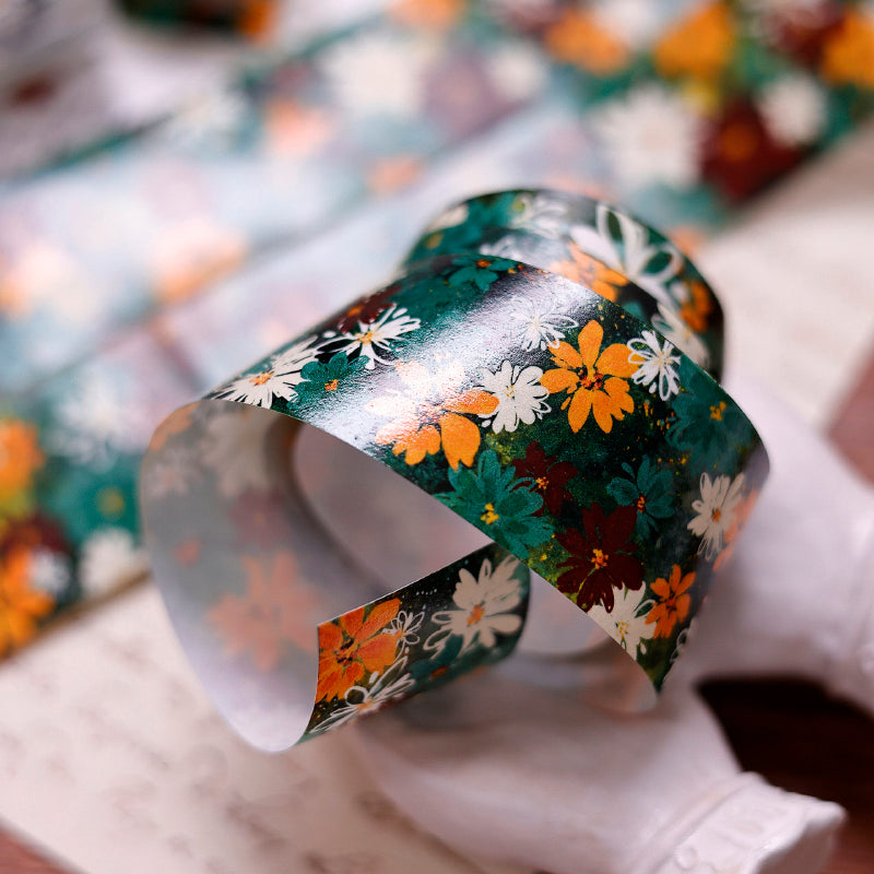 Whole Roll 3cm*3m Green ink flower Washi Tape featuring green, and flower designs for journaling, scrapbooking and collage