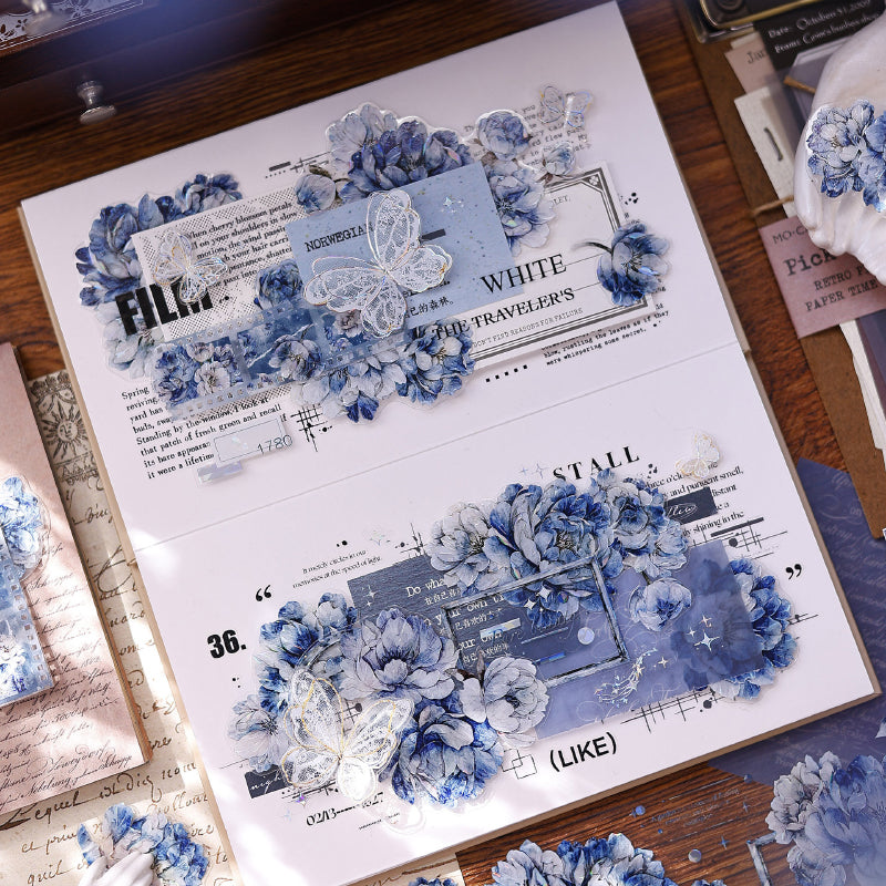 Whole Roll 6cm*6m Dark blue peony flower Die Cutting Washi/PET/Shell Light PET Tape featuring blue, flower, and light designs for journaling, scrapbooking and collage