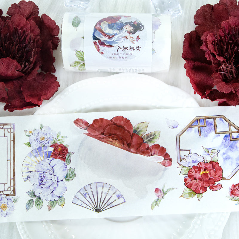 Red peony beauty Die Cutting Washi/Shell Light PET Tape featuring red, and light designs for journaling, scrapbooking and collage