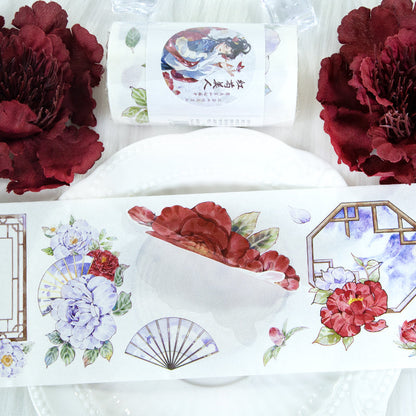 Red peony beauty Die Cutting Washi/Shell Light PET Tape featuring red, and light designs for journaling, scrapbooking and collage