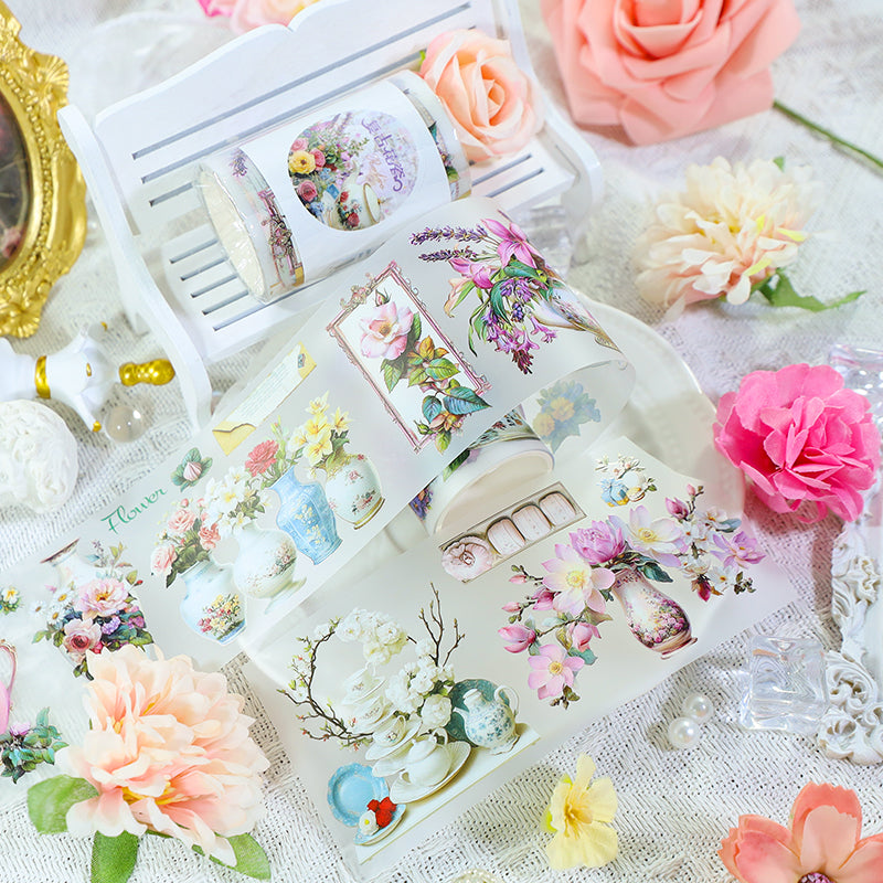 Retro flower porcelain Fog PET Tape featuring retro, and flower designs for journaling, scrapbooking and collage