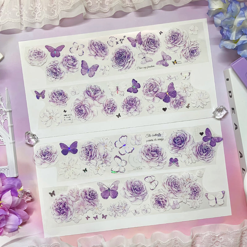 6cm*100cm Purple peony flower Shell Light PET Tape featuring flower, and light designs for journaling, scrapbooking and collage