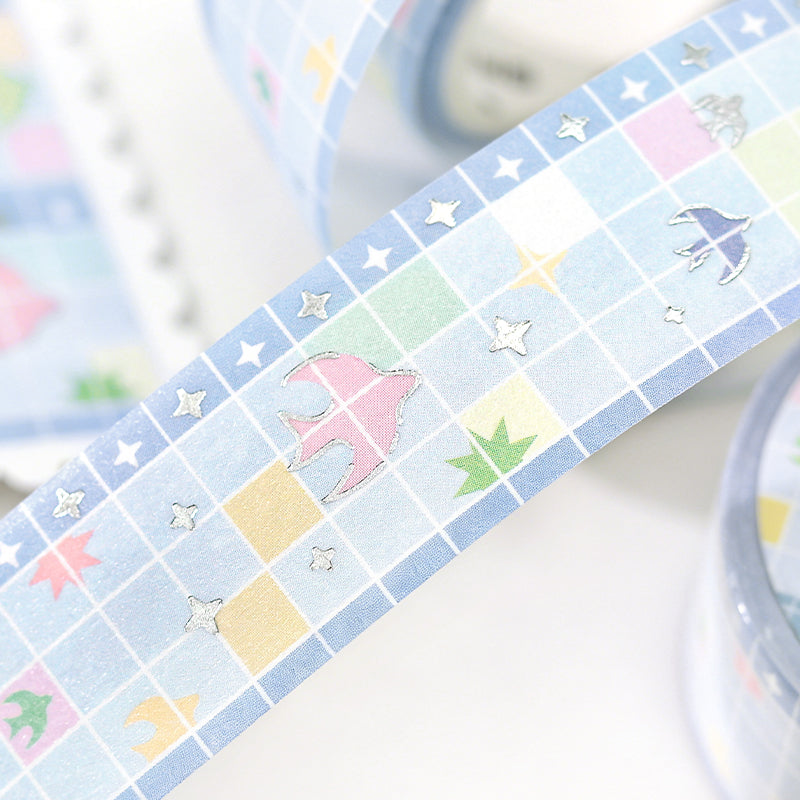 Flower Tile Diary Series Silver Stamping Washi Tape featuring silver, and flower designs for journaling, scrapbooking and collage
