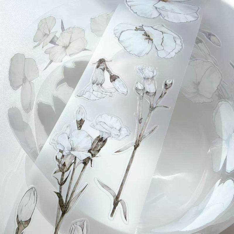 Whole Roll 6cm*10m White flower Die Cutting Washi/PET/Fog PET Tape featuring white, and flower designs for journaling, scrapbooking and collage