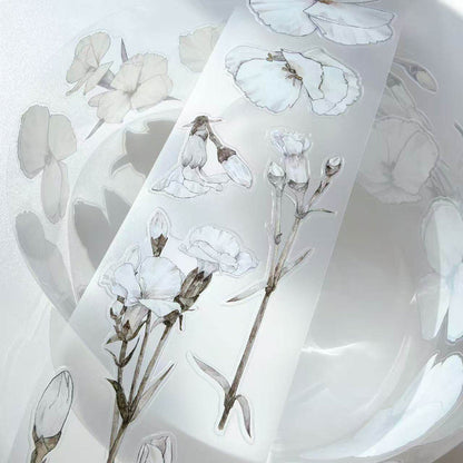 Whole Roll 6cm*10m White flower Die Cutting Washi/PET/Fog PET Tape featuring white, and flower designs for journaling, scrapbooking and collage