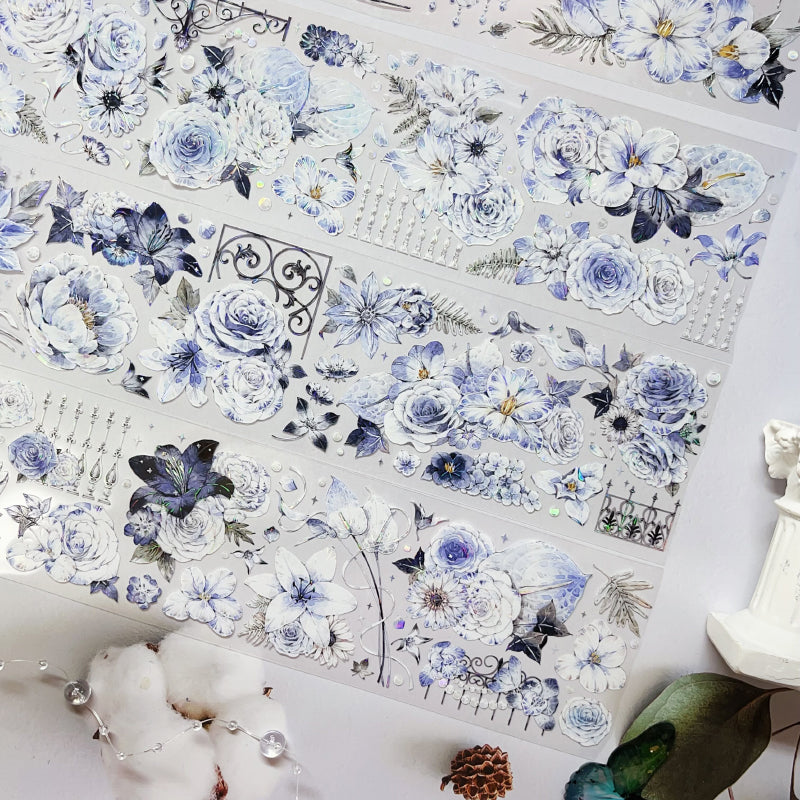 6cm*125cm Blue Dream Flower Shell Light PET Tape featuring dream, blue, and flower designs for journaling, scrapbooking and collage