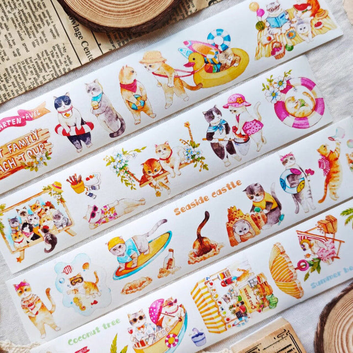 4.5cm*100cm Lazy Cat on Vacation Die Cutting Washi/PET Tape featuring cat designs for journaling, scrapbooking and collage
