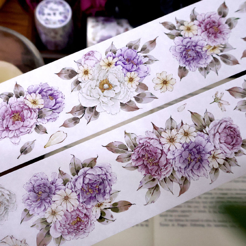 5.6cm*100cm Purple peony flower Die Cutting Washi/PET/Shell Light PET Tape featuring flower, and light designs for journaling, scrapbooking and collage