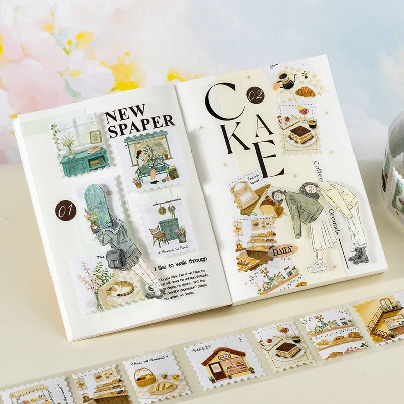 Spring Prelude Series tape featuring spring breeze, flower room, lazy cat cafe, and stream shelter designs for journaling, scrapbooking and collage