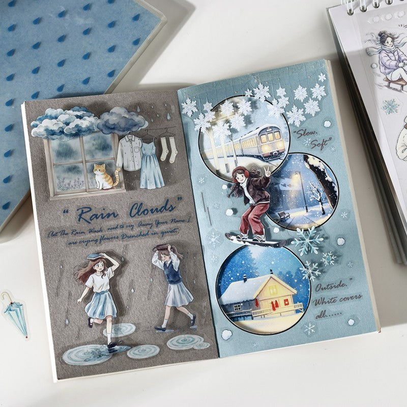 Listen To The Rain And Snow Series Sticker Book featuring book, rain, and snow designs for journaling, scrapbooking and collage