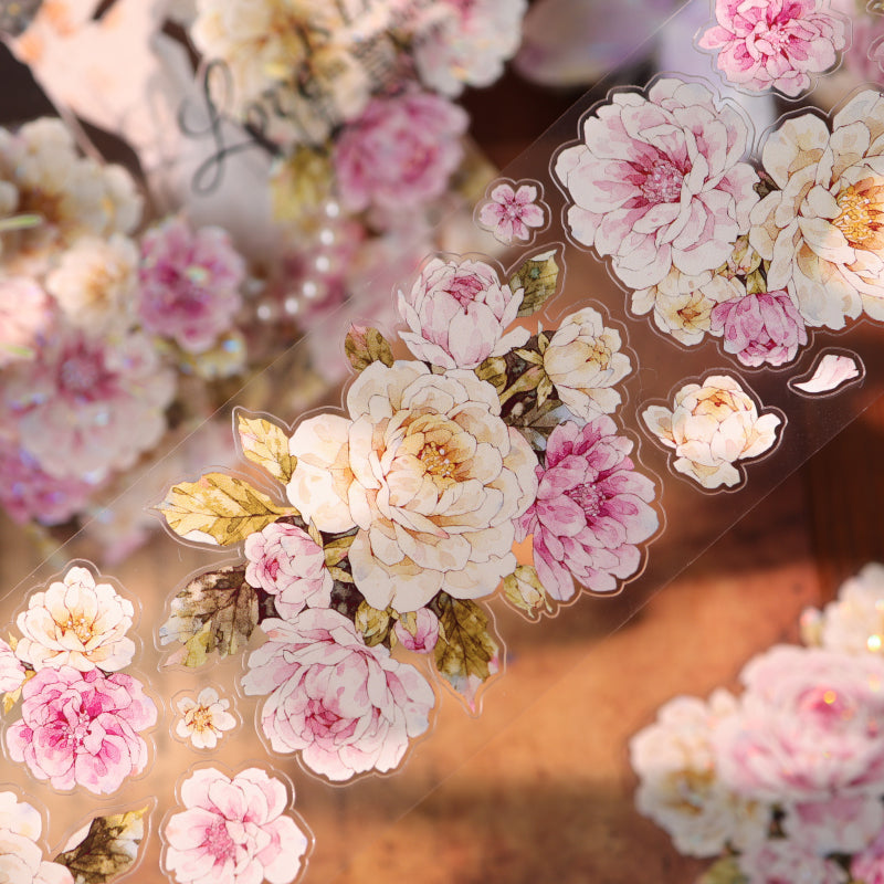 Whole Roll 5.5cm*5m Peach Fog White Flower Die Cutting Washi/PET/Shell Light PET Tape featuring white, flower, and peach designs for journaling, scrapbooking and collage