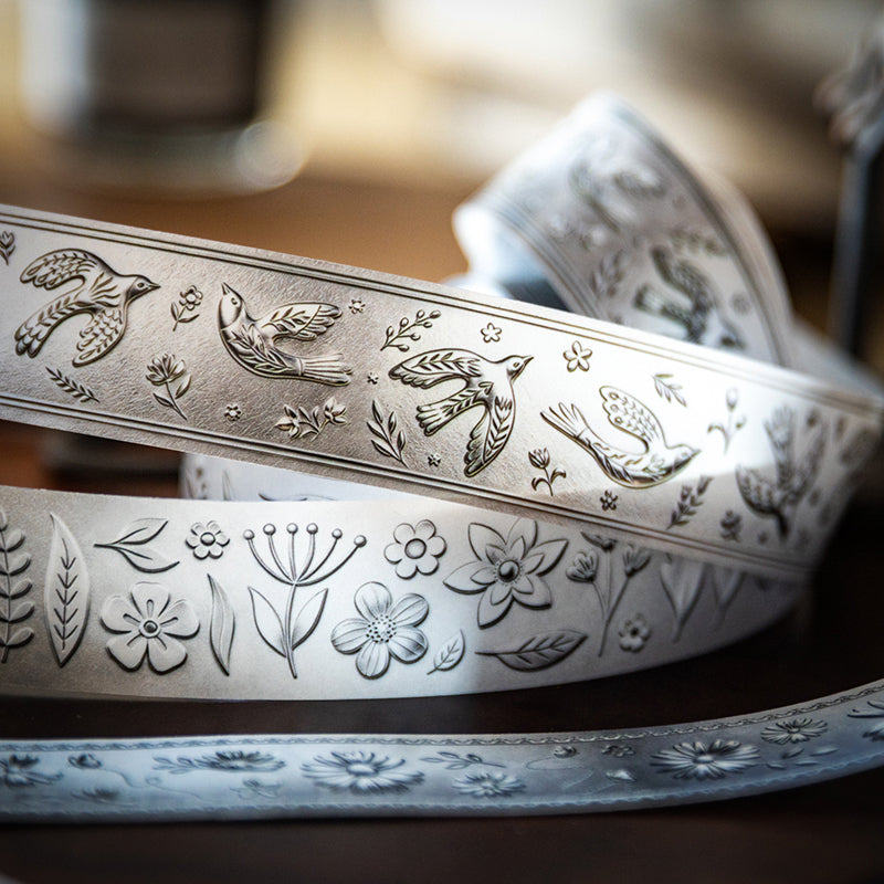 Silver Light Flower Island Series PET Tape featuring silver, flower, and island designs for journaling, scrapbooking and collage