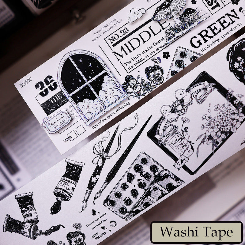 6.5cm*125cm Black and white paintings world Die Cutting Washi/PET/Shell Silver PET Tape